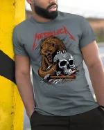 Savage Bear and Skull Heavy Metal Tee - model leaning on yellow-black pole, wearing Gray T-shirt, hand in pocket