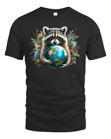 Raccoon Hugging Earth Tee - black t-shirt on white background