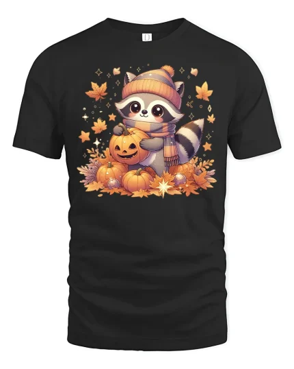 Cute Raccoon Pumpkin T-shirt - black t-shirt on white background
