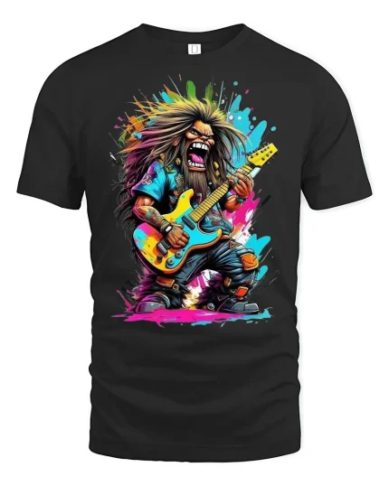 Wild Rock Guitarist Graphic T-shirt - black t-shirt on white background