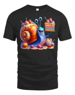 Funny Candy Snail with Cake T-shirt - black t-shirt on white background