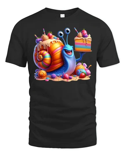 Funny Candy Snail with Cake T-shirt - black t-shirt on white background