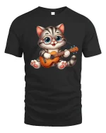 Guitar Cat Graphic Tee - black t-shirt on white background