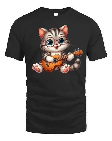 Guitar Cat Graphic Tee - black t-shirt on white background