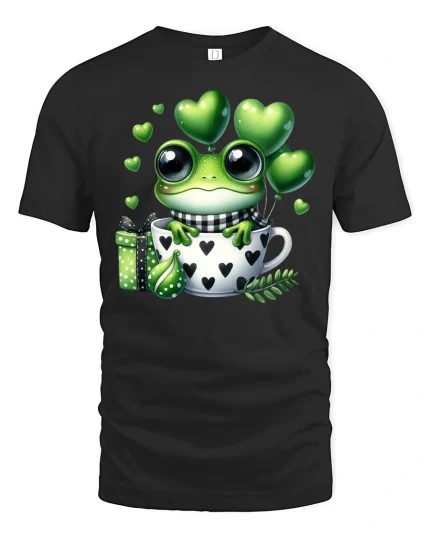 Cute Frog in Love Cup T-shirt - black t-shirt on white background