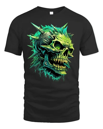 Neon Spiked Skull Graphic Tee - black t-shirt on white background