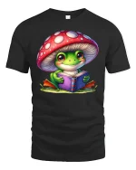Cute Frog Reading Book T-shirt - black t-shirt on white background