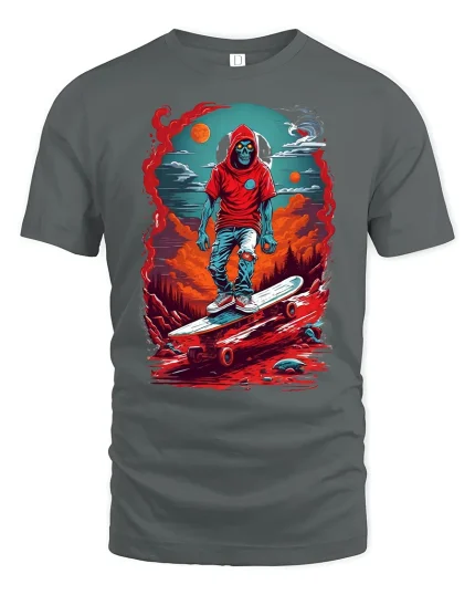 Skeleton Skater Hoodie Tee - gray t-shirt on white background