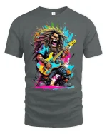 Wild Rock Guitarist Graphic T-shirt - gray t-shirt on white background