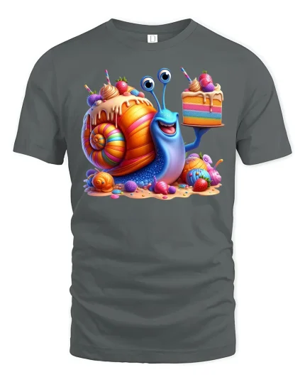 Funny Candy Snail with Cake T-shirt - gray t-shirt on white background