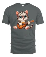 Guitar Cat Graphic Tee - gray t-shirt on white background