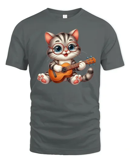 Guitar Cat Graphic Tee - gray t-shirt on white background