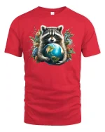 Raccoon Hugging Earth Tee - red t-shirt on white background