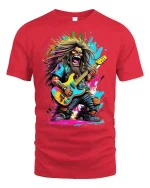 Wild Rock Guitarist Graphic T-shirt - red t-shirt on white background