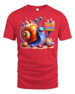 Funny Candy Snail with Cake T-shirt - red t-shirt on white background