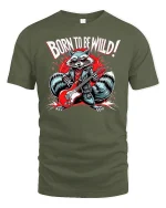 Born to Be Wild Rock Raccoon T-shirt - military green t-shirt on white background