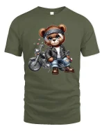 Biker Teddy Bear Motorcycle Tee - military green t-shirt on white background