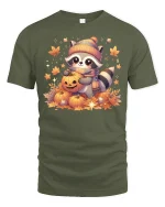 Cute Raccoon Pumpkin T-shirt - military green t-shirt on white background