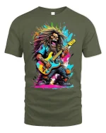 Wild Rock Guitarist Graphic T-shirt - military green t-shirt on white background