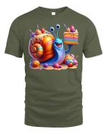 Funny Candy Snail with Cake T-shirt - military green t-shirt on white background