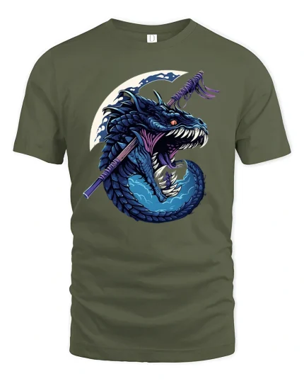 Samurai Dragon Graphic T-shirt - military green t-shirt on white background