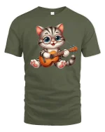 Guitar Cat Graphic Tee - military green t-shirt on white background