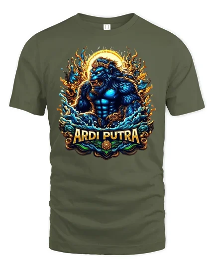 Mythical Lion Warrior Sun Fire T-shirt - military green t-shirt on white background