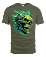 Neon Spiked Skull Graphic Tee - military green t-shirt on white background