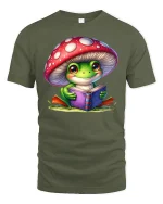Cute Frog Reading Book T-shirt - military green t-shirt on white background