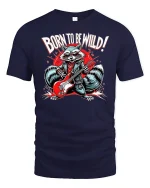 Born to Be Wild Rock Raccoon T-shirt - navy t-shirt on white background