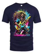 Wild Rock Guitarist Graphic T-shirt - navy t-shirt on white background