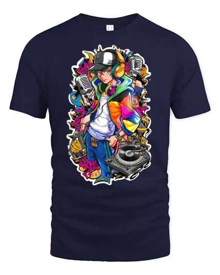 Hip Hop DJ Graffiti Style Tee - navy t-shirt on white background