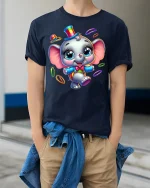 Cute Circus Elephant T-shirt - model wearing Navy T-shirt, hands in pockets, denim shirt at waist