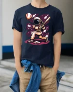 Space Baseball Astronaut T-shirt - model wearing Navy T-shirt, hands in pockets, denim shirt at waist