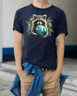 Raccoon Hugging Earth Tee - model wearing Navy T-shirt, hands in pockets, denim shirt at waist