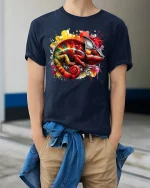 Color Splash Chameleon T-shirt - model wearing Navy T-shirt, hands in pockets, denim shirt at waist