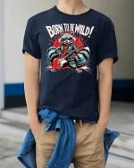 Born to Be Wild Rock Raccoon T-shirt - model wearing Navy T-shirt, hands in pockets, denim shirt at waist