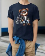 Biker Teddy Bear Motorcycle Tee - model wearing Navy T-shirt, hands in pockets, denim shirt at waist