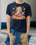Cute Raccoon Pumpkin T-shirt - model wearing Navy T-shirt, hands in pockets, denim shirt at waist