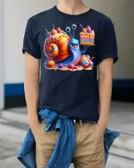 Funny Candy Snail with Cake T-shirt - model wearing Navy T-shirt, hands in pockets, denim shirt at waist
