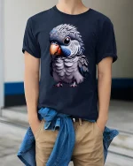 Cute Parrot Bird Tee - model wearing Navy T-shirt, hands in pockets, denim shirt at waist