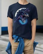 Samurai Dragon Graphic T-shirt - model wearing Navy T-shirt, hands in pockets, denim shirt at waist