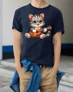 Guitar Cat Graphic Tee - model wearing Navy T-shirt, hands in pockets, denim shirt at waist