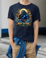 Mythical Lion Warrior Sun Fire T-shirt - model wearing Navy T-shirt, hands in pockets, denim shirt at waist
