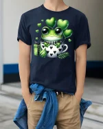 Cute Frog in Love Cup T-shirt - model wearing Navy T-shirt, hands in pockets, denim shirt at waist