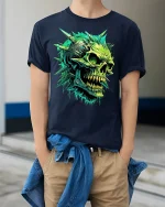 Neon Spiked Skull Graphic Tee - model wearing Navy T-shirt, hands in pockets, denim shirt at waist
