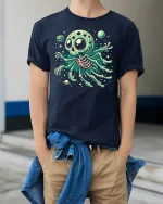 Alien Octopus Skull Graphic Tee - model wearing Navy T-shirt, hands in pockets, denim shirt at waist
