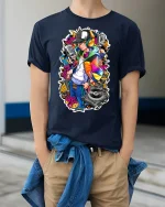 Hip Hop DJ Graffiti Style Tee - model wearing Navy T-shirt, hands in pockets, denim shirt at waist