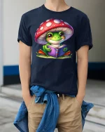 Cute Frog Reading Book T-shirt - model wearing Navy T-shirt, hands in pockets, denim shirt at waist