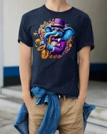 Cool Jazz Elephant Saxophone T-shirt - model wearing Navy T-shirt, hands in pockets, denim shirt at waist